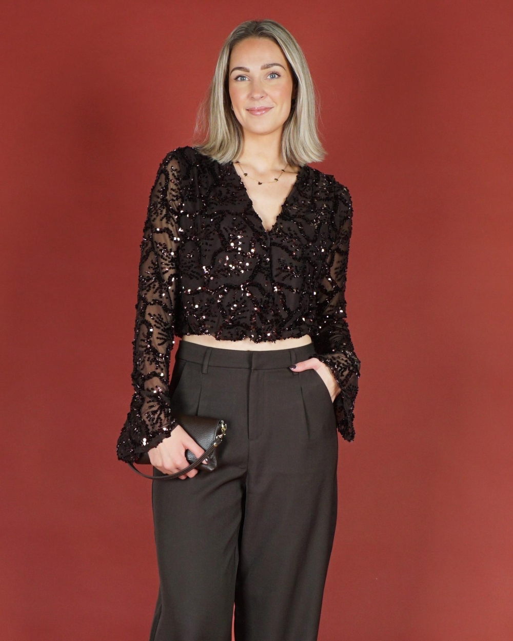 Gossip BALLON MESH TOP MET PAILLETTEN Donkerbruin