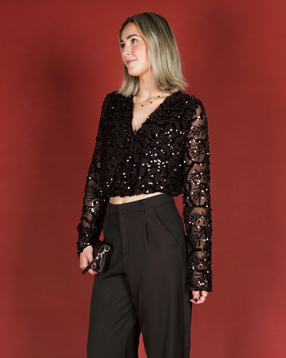 Gossip BALLON MESH TOP MET PAILLETTEN Donkerbruin