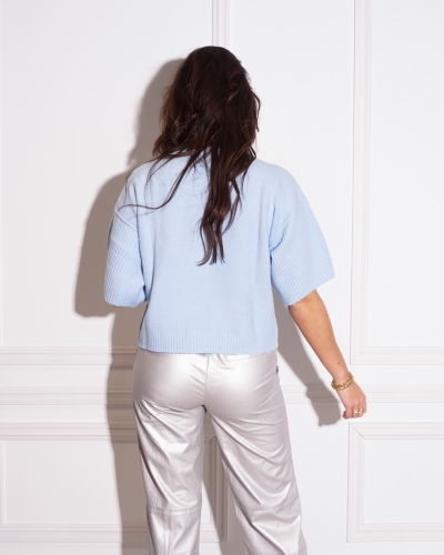 TOP MET RIB MOUW BLAUW