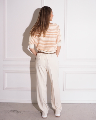 GESTREEPTE TRUI BEIGE/KORAAL
