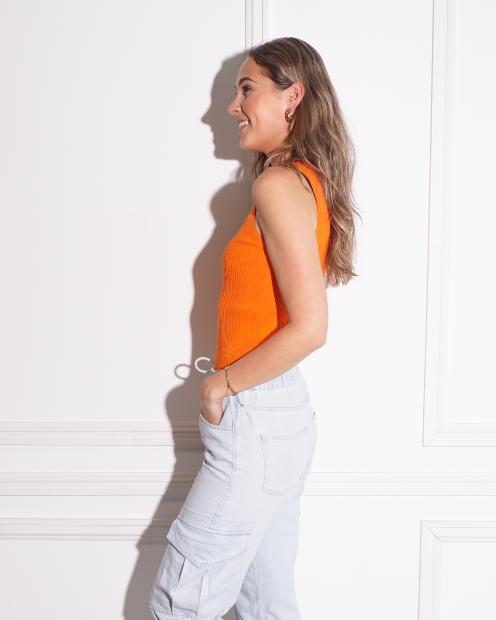 GERIBDE TANKTOP MET STREEP ORANJE