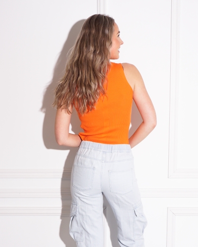 GERIBDE TANKTOP MET STREEP ORANJE