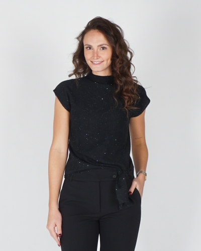 YAYA TOP MET KNOOPDETAIL EN GLITTERS ZWART