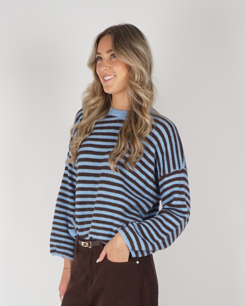 GESTREEPTE TRUI LIA BRUIN BLAUW