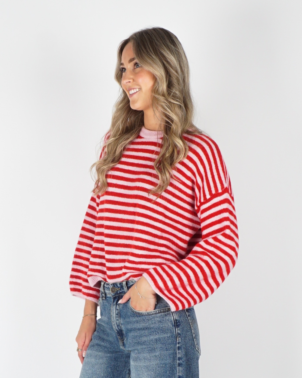 GESTREEPTE TRUI LIA ROOD ROZE