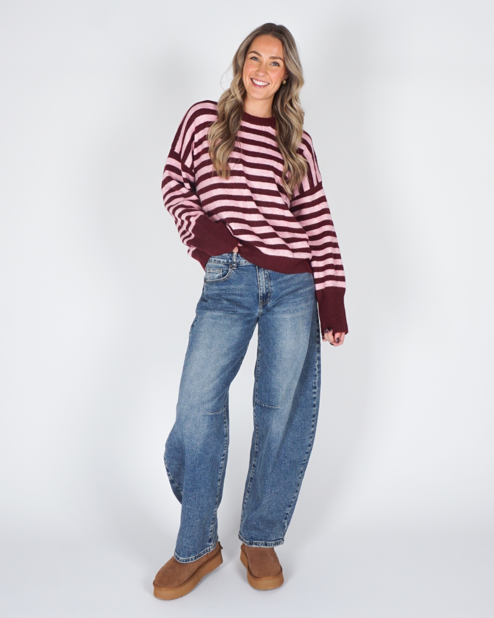 GESTREEPTE TRUI KIM BORDEAUX / ROZE