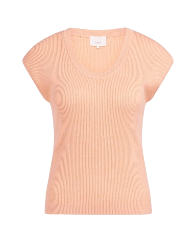 RIBGEBREIDE TOP MET DIEPE RONDE HALS PEACH