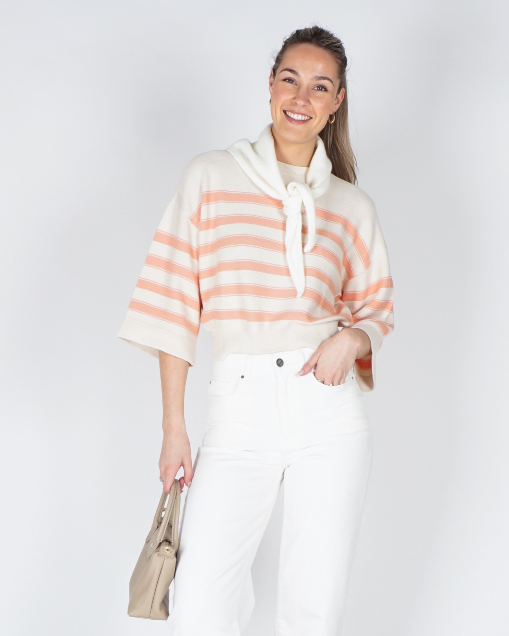 GEBREIDE SWEATER MET STREPEN ECRU/PEACH