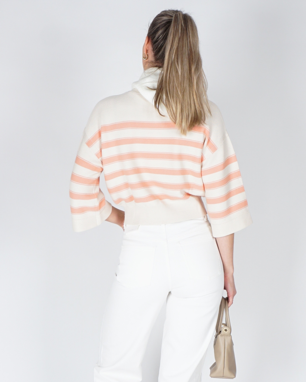 GEBREIDE SWEATER MET STREPEN ECRU/PEACH