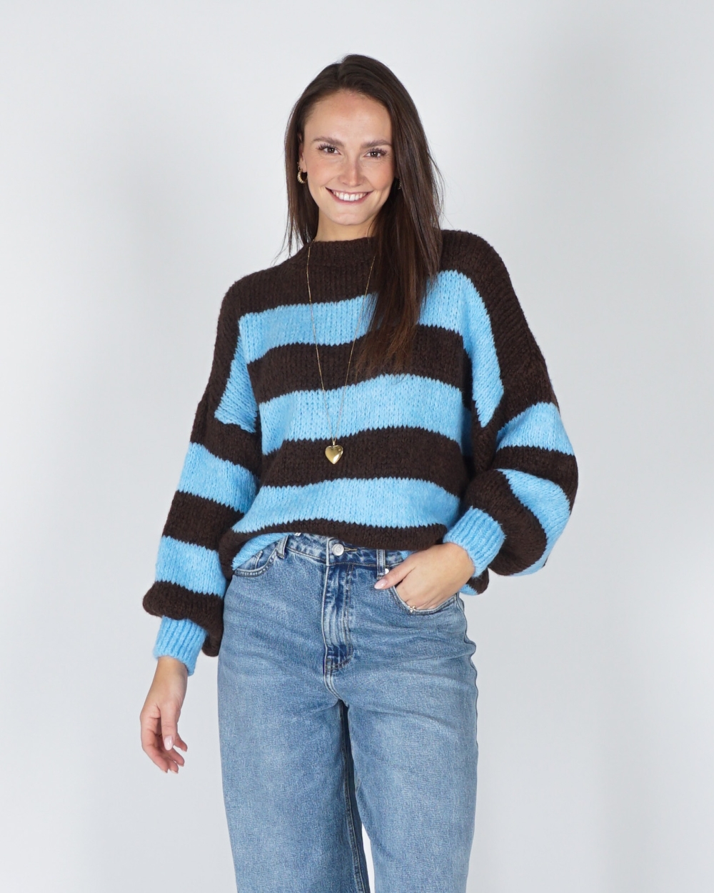 GESTREEPTE TRUI JODI BRUIN/BLAUW