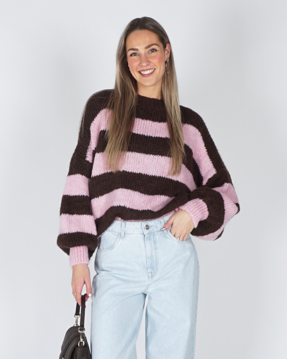 GESTREEPTE TRUI JODI BRUIN/ROZE