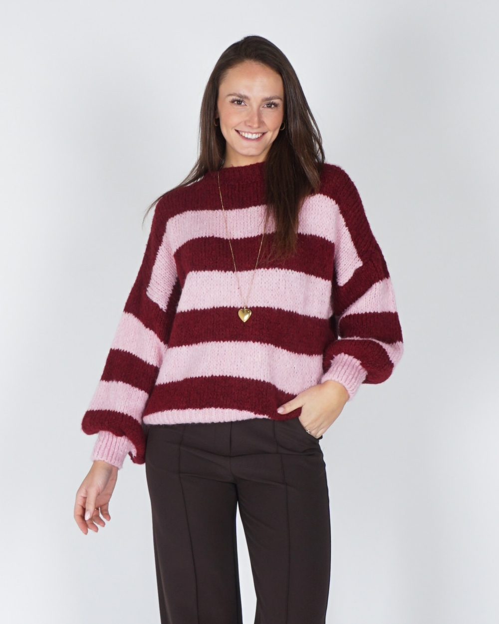 GESTREEPTE TRUI JODI BORDEAUX/ROZE