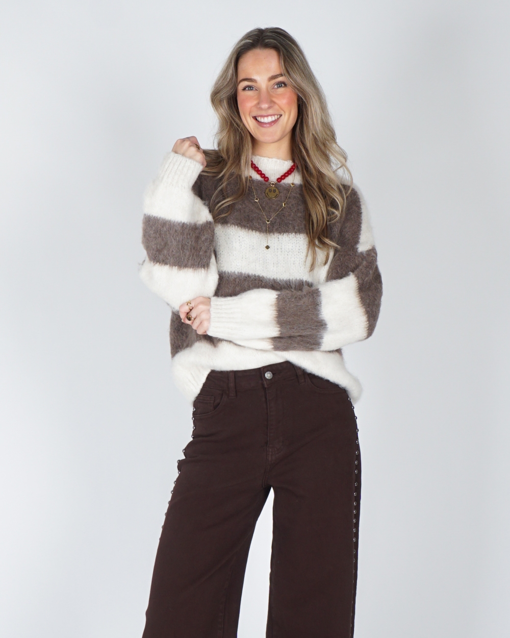 FLUFFY GESTREEPTE TRUI ECRU/TAUPE