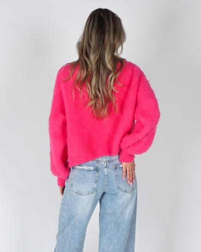 FLUFFY TRUI MET RONDE HALS NEON ROZE 