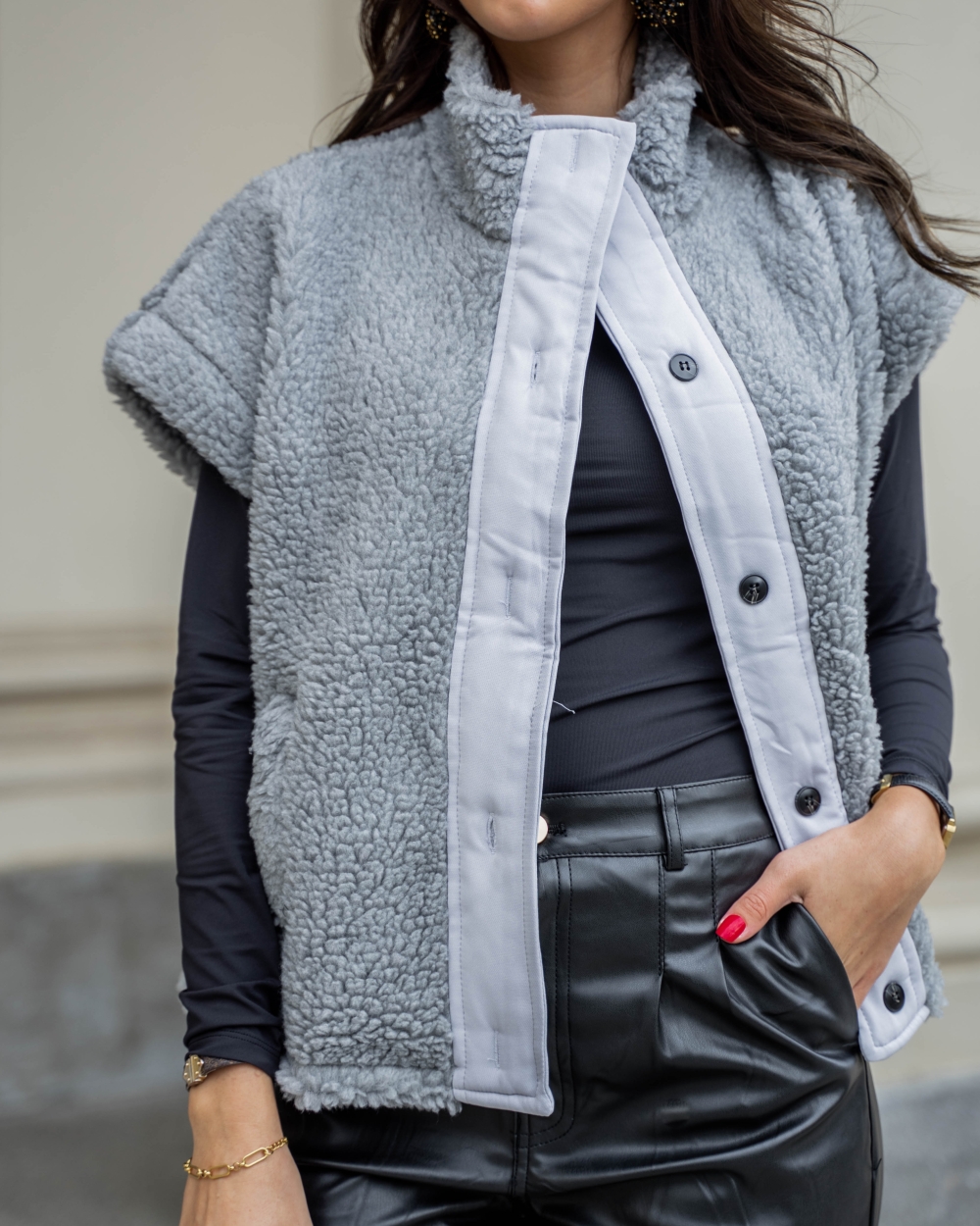 OVERSIZED TEDDY GILET GRIJS