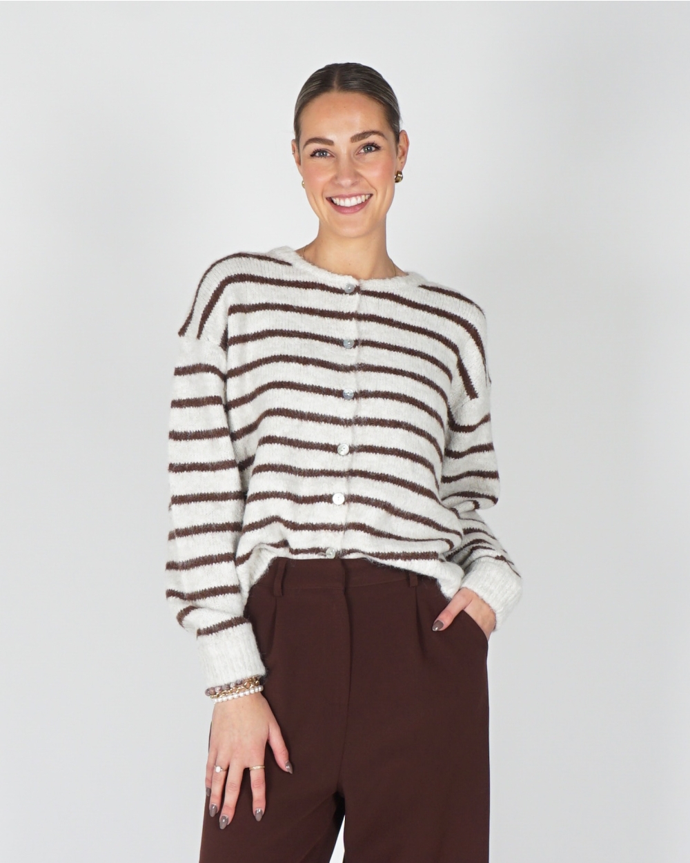 VEST MIA GESTREEPT ECRU/BRUIN