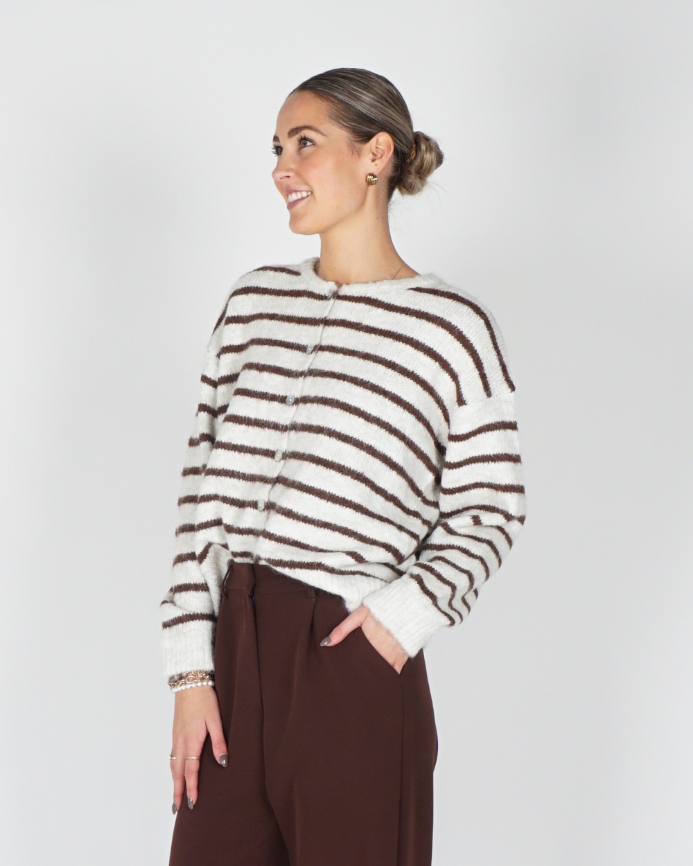 VEST MIA GESTREEPT ECRU/BRUIN