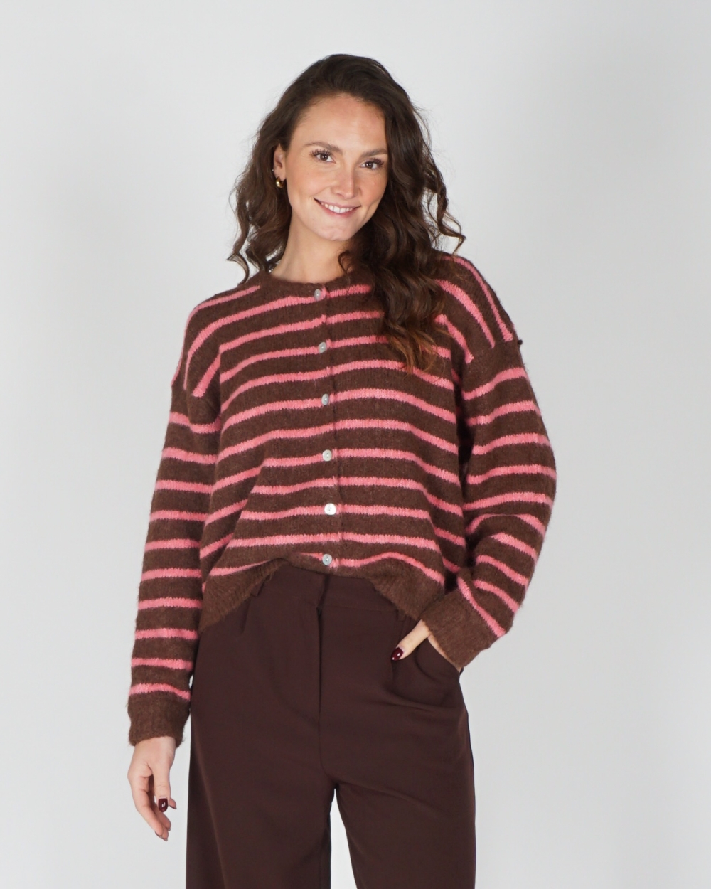 VEST MIA GESTREEPT BRUIN/ROZE