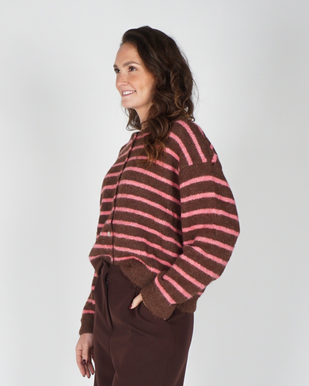 VEST MIA GESTREEPT BRUIN/ROZE