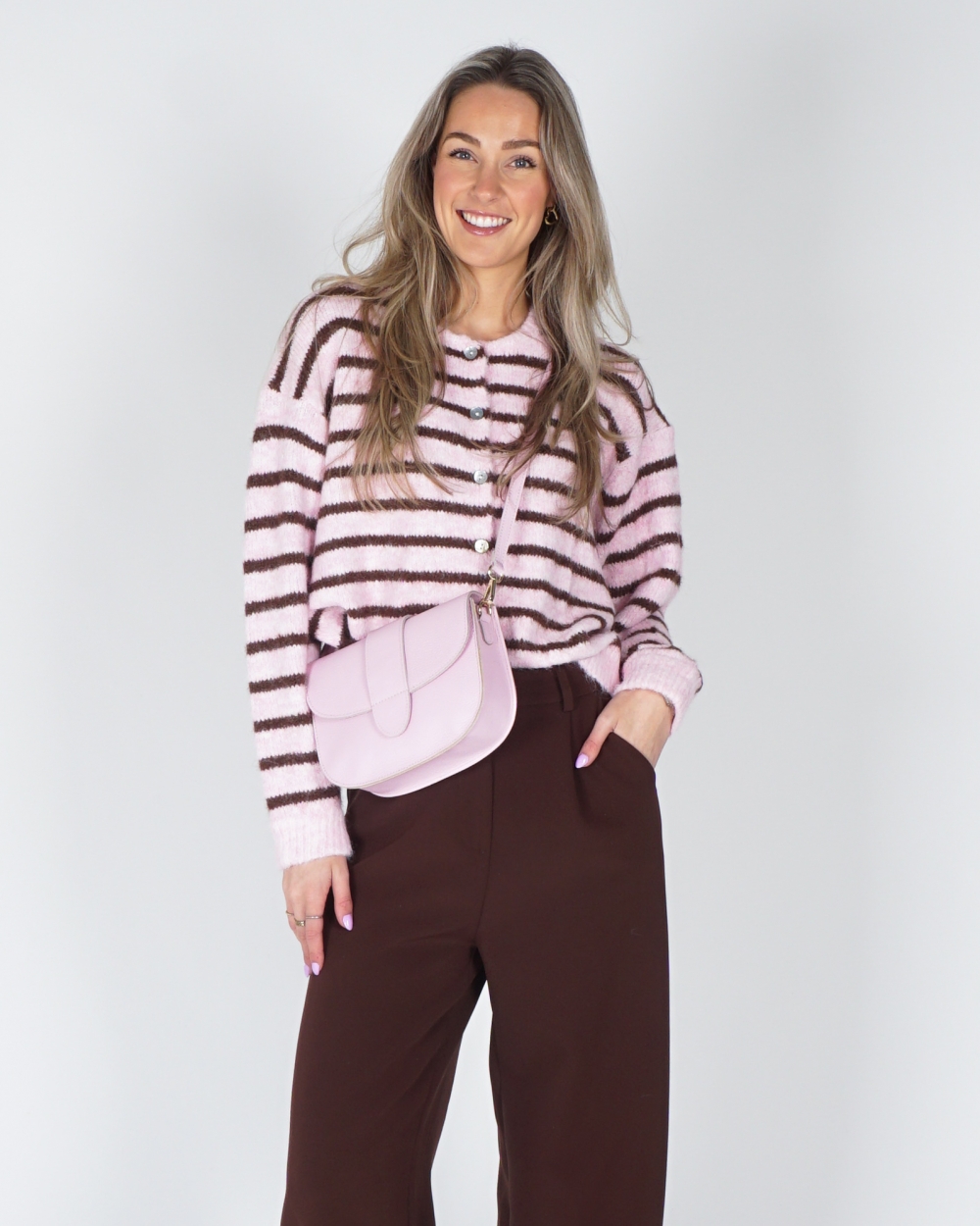 VEST MIA GESTREEPT ROZE/BRUIN