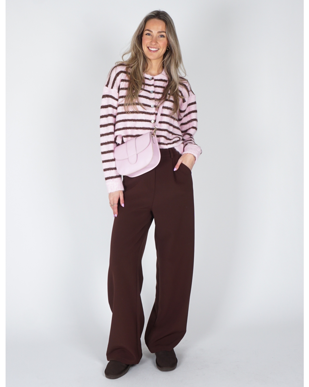 VEST MIA GESTREEPT ROZE/BRUIN