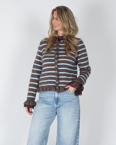GESTREEPT VESTJE MET RUFFLE BRUIN/BLAUW