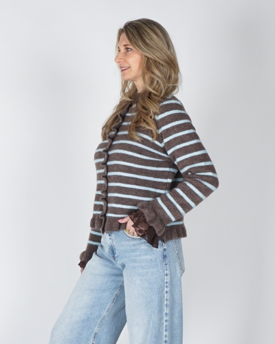GESTREEPT VESTJE MET RUFFLE BRUIN/BLAUW