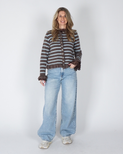 GESTREEPT VESTJE MET RUFFLE BRUIN/BLAUW