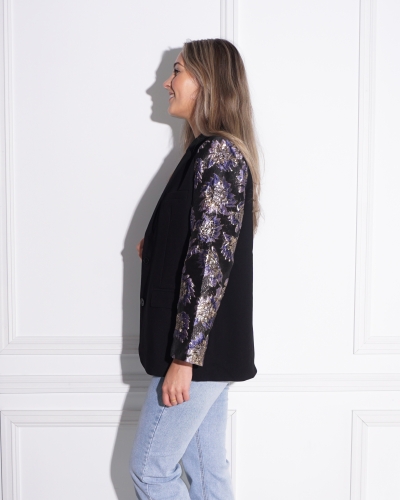 BLAZER MET JACQUARD MOUWEN ZWART