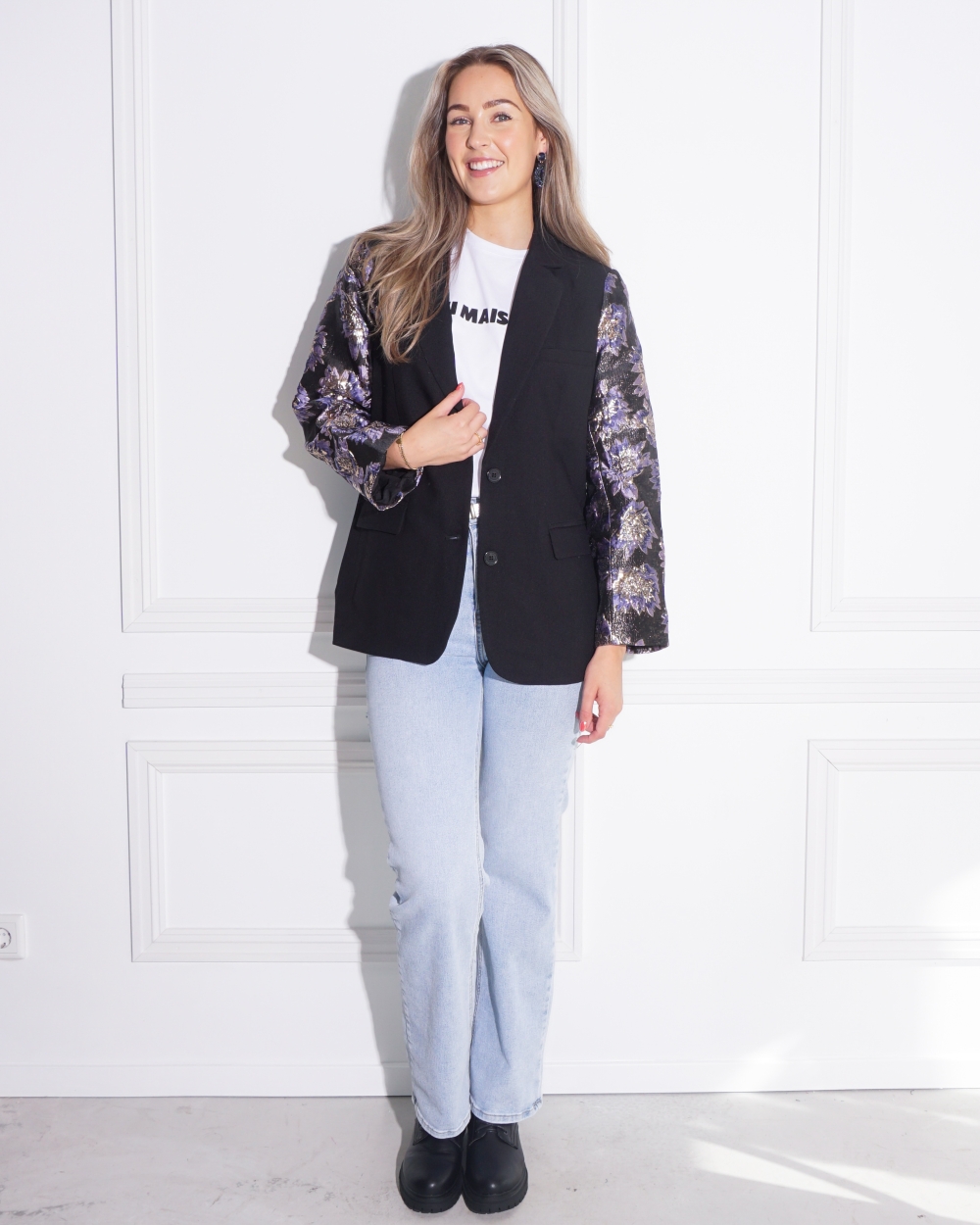 BLAZER MET JACQUARD MOUWEN ZWART