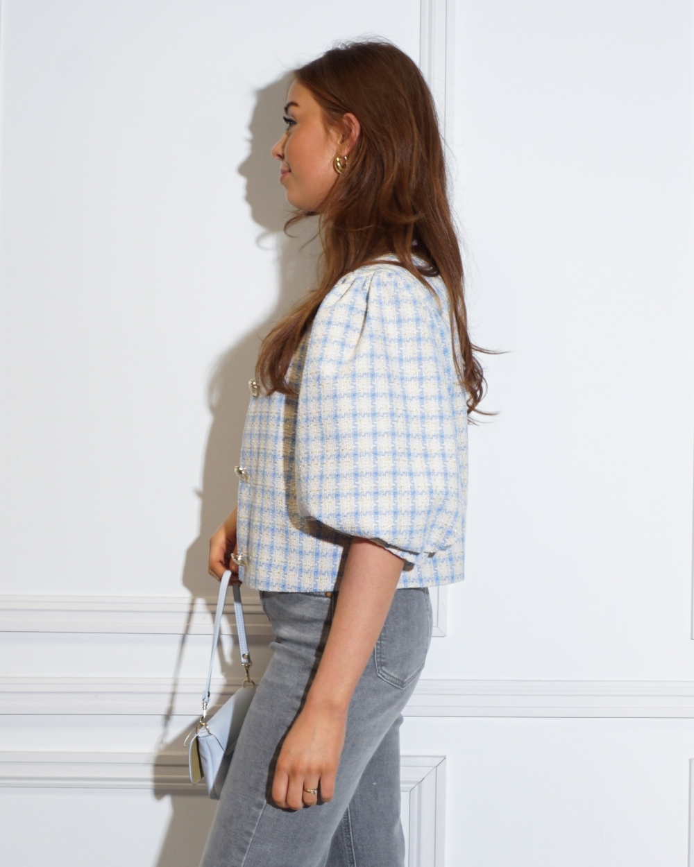 PUFF SLEEVE TWEED BLAZER BLAUW