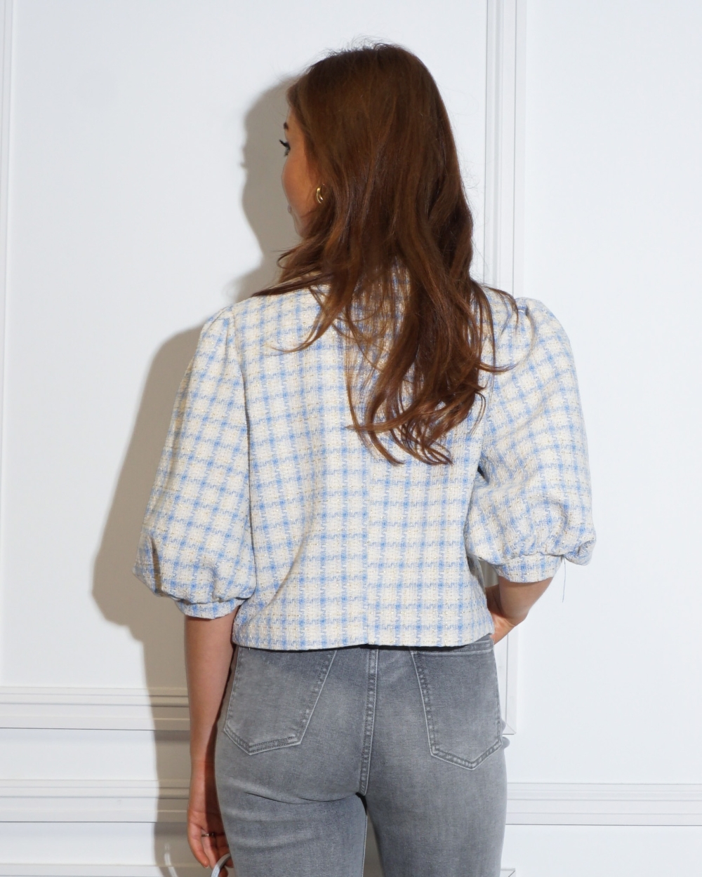 PUFF SLEEVE TWEED BLAZER BLAUW
