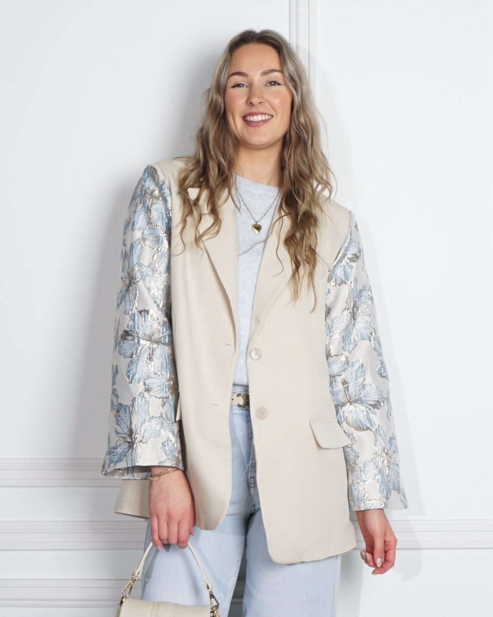 BLAZER JACQUARD MOUW BLAUW BEIGE