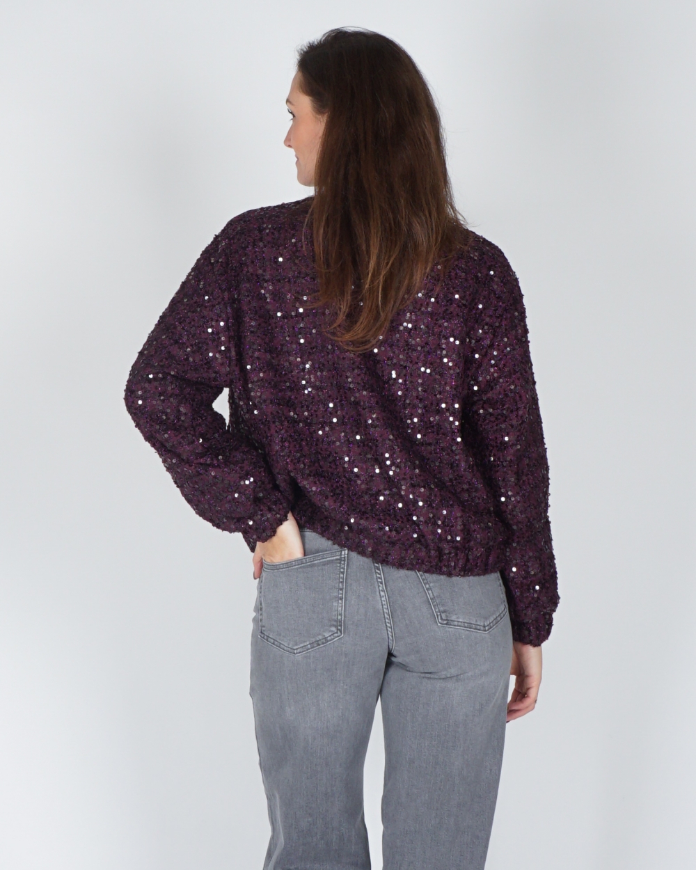 PAARS BOMBER JACKET MET PAILLETTEN