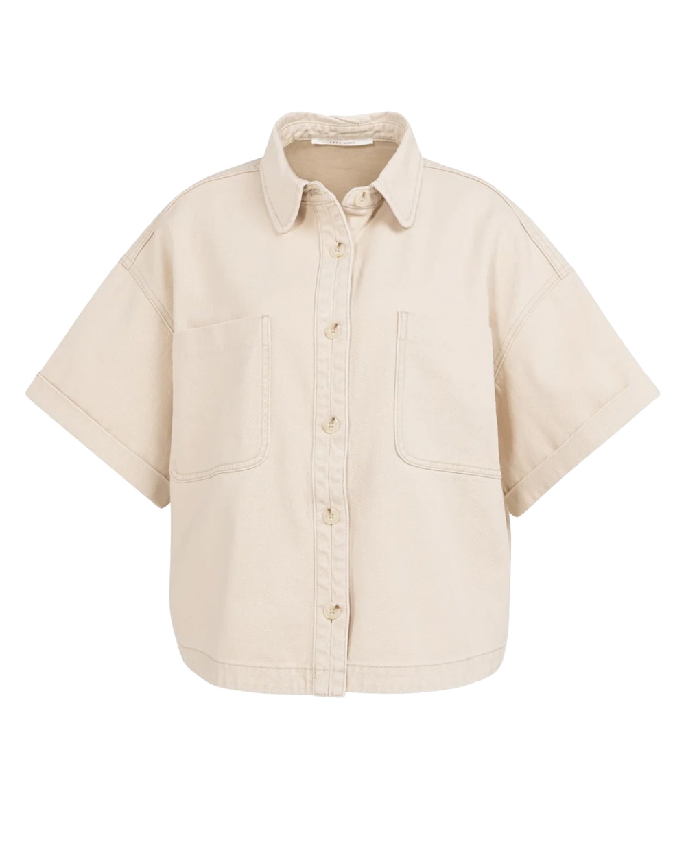 DENIM BLOUSE MET KORTE MOUWEN BEIGE