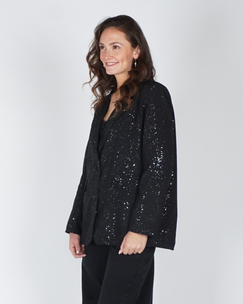 GLITTER BLAZER MET SPLIT ZWART