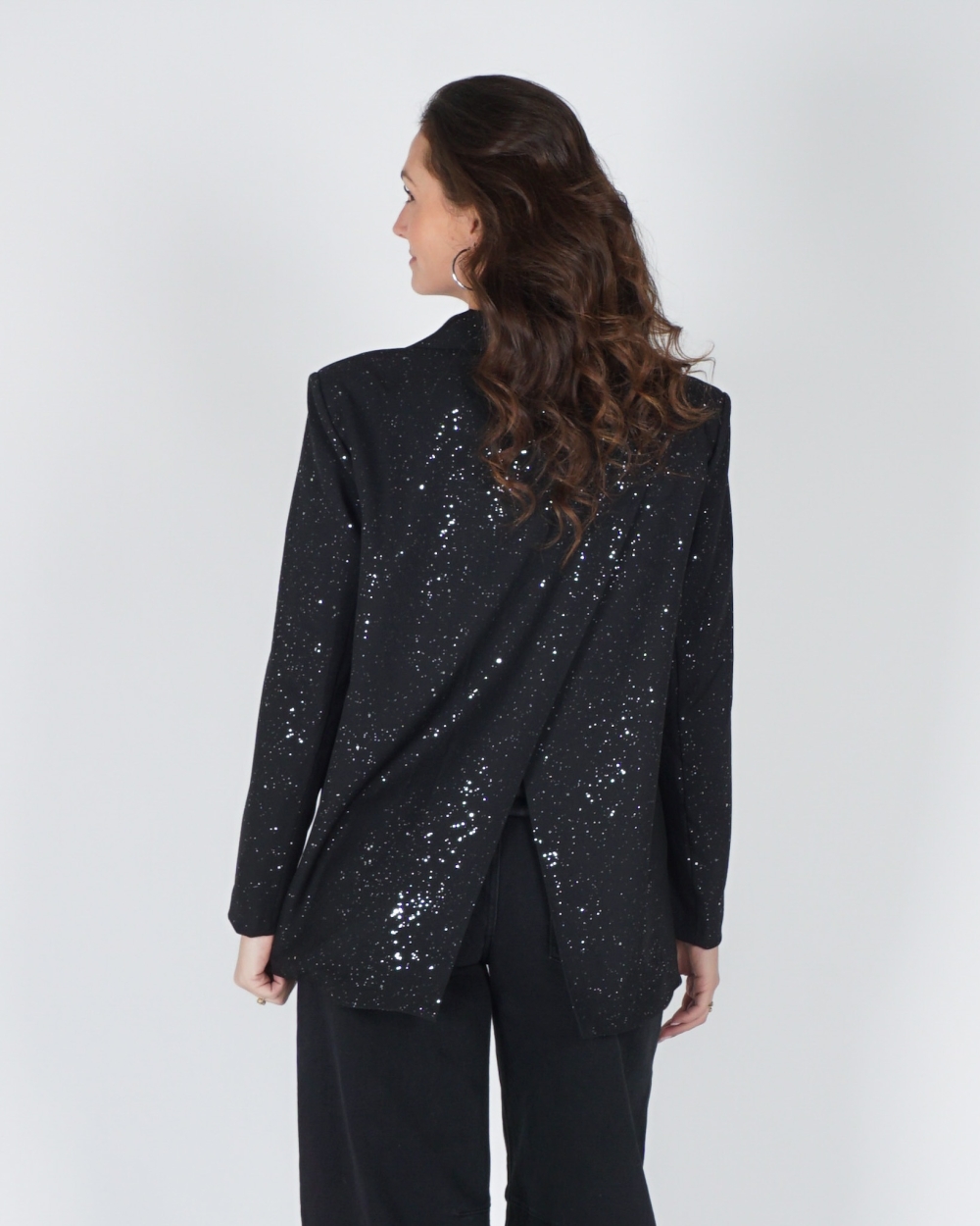 GLITTER BLAZER MET SPLIT ZWART