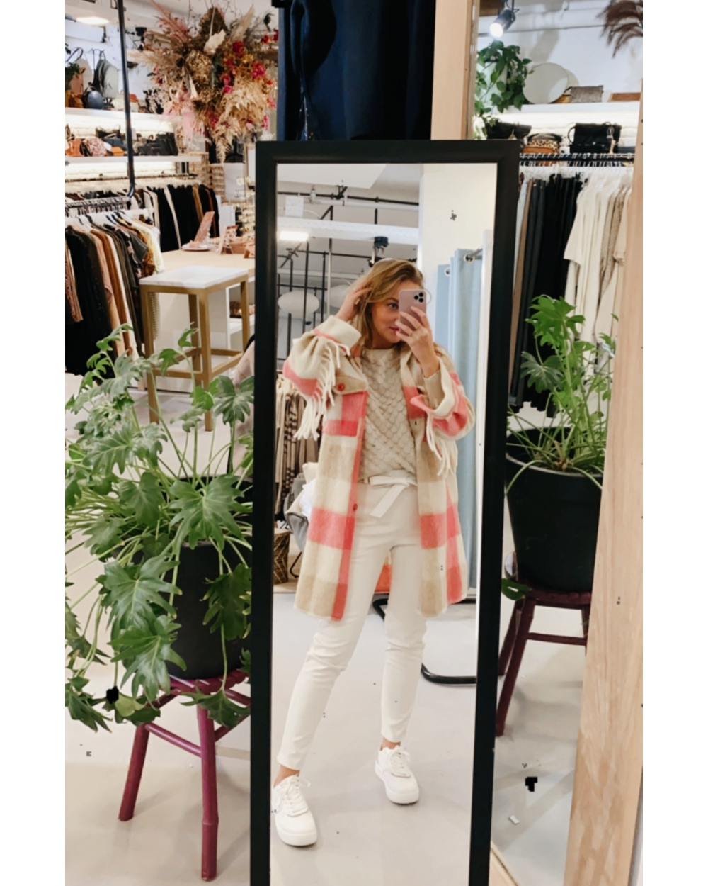 CHECK JACKET FRINGES ROZE