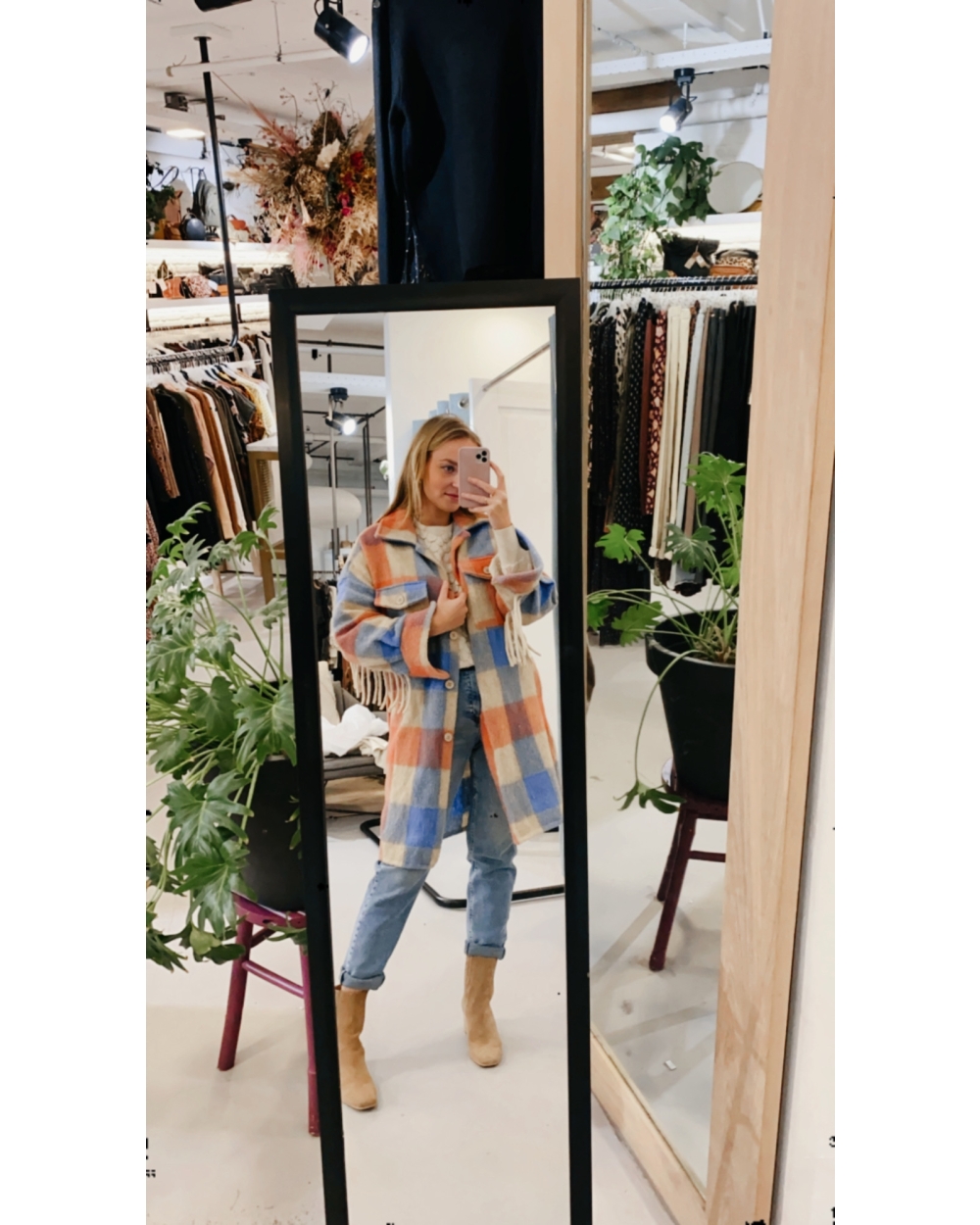 CHECK JACKET FRINGES BLAUW