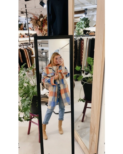 CHECK JACKET FRINGES BLAUW