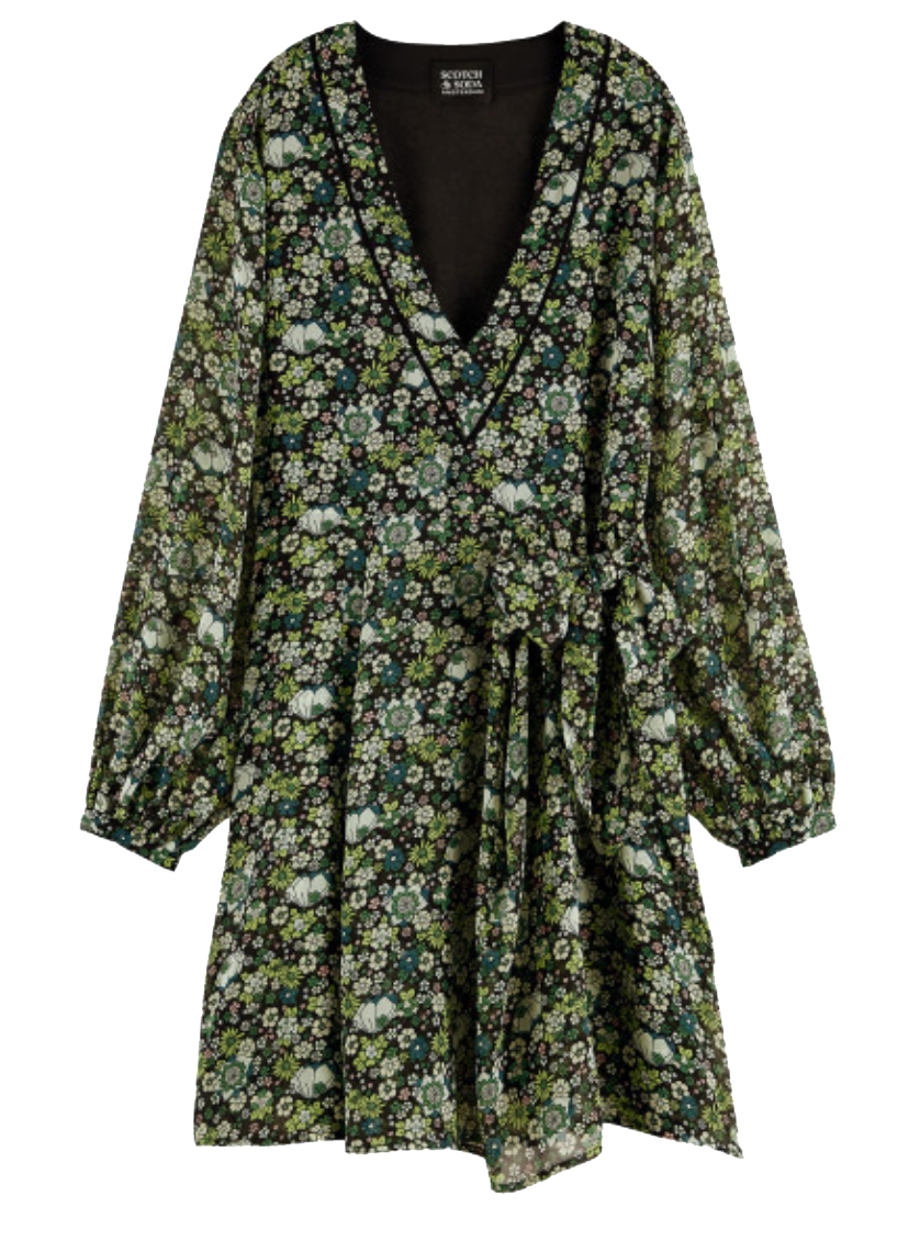 V-NECK PRINTED SHEER DRESS