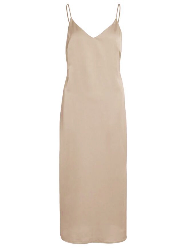 LANGE SATIJNEN JURK BEIGE