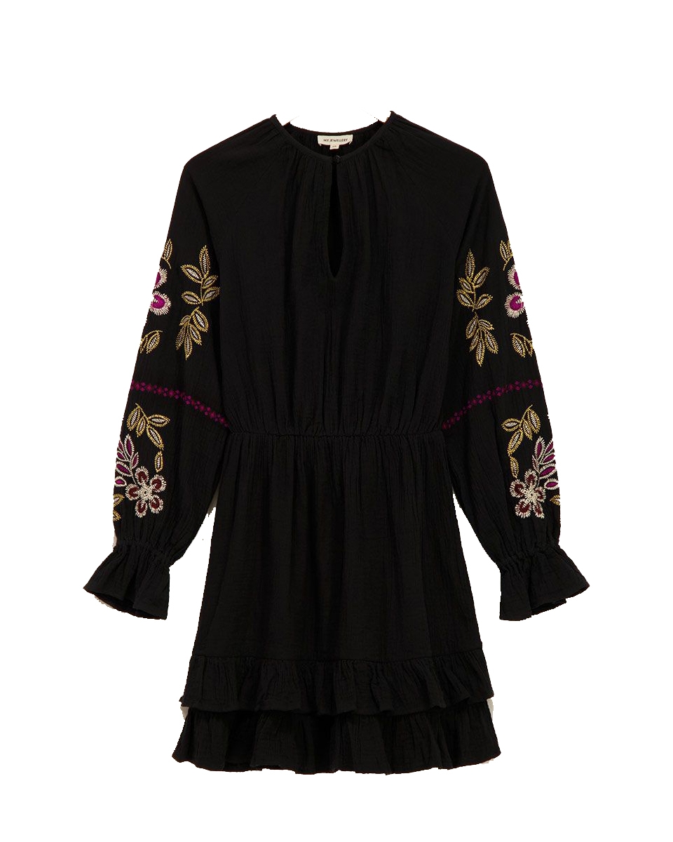 MOUSSELINE JURK MET EMBROIDERY ZWART