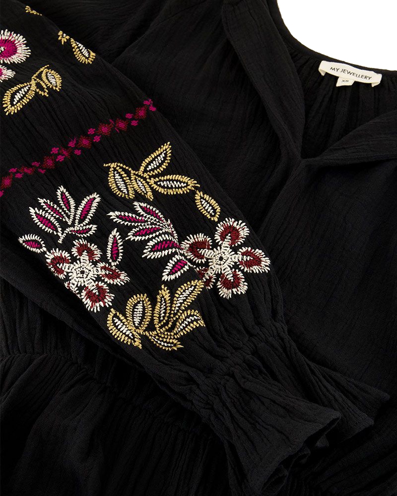 MOUSSELINE JURK MET EMBROIDERY ZWART