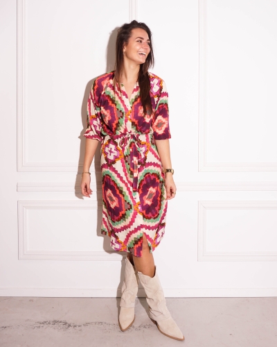 Geisha JURK MET PRINT FUCHSIA/GROEN