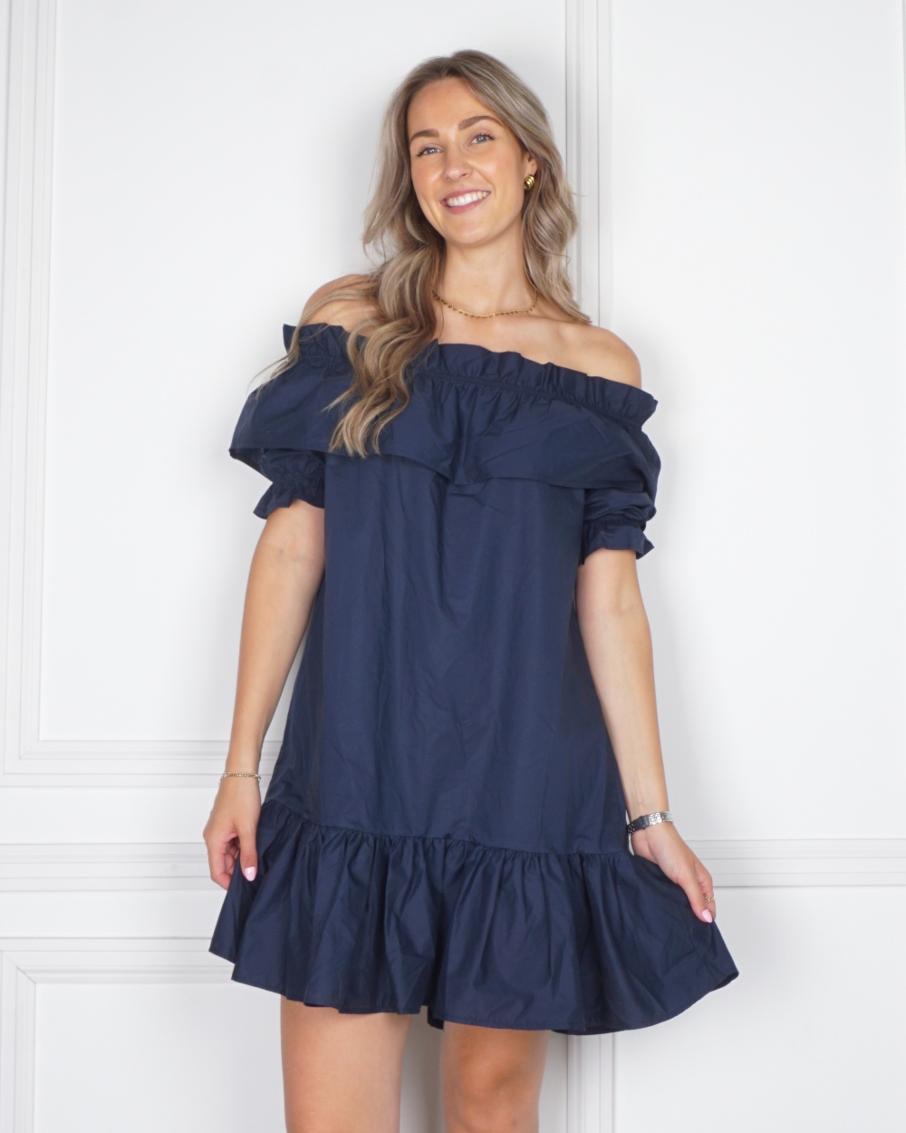 JURK OFF SHOULDER DONKERBLAUW