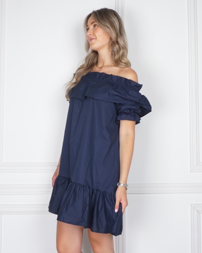 JURK OFF SHOULDER DONKERBLAUW