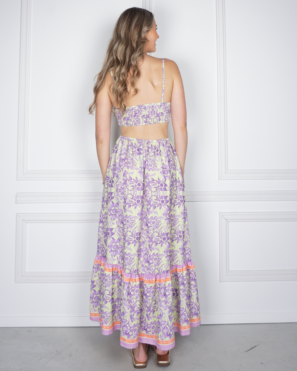 JURK MET PRINT EN OPEN RUG LILA