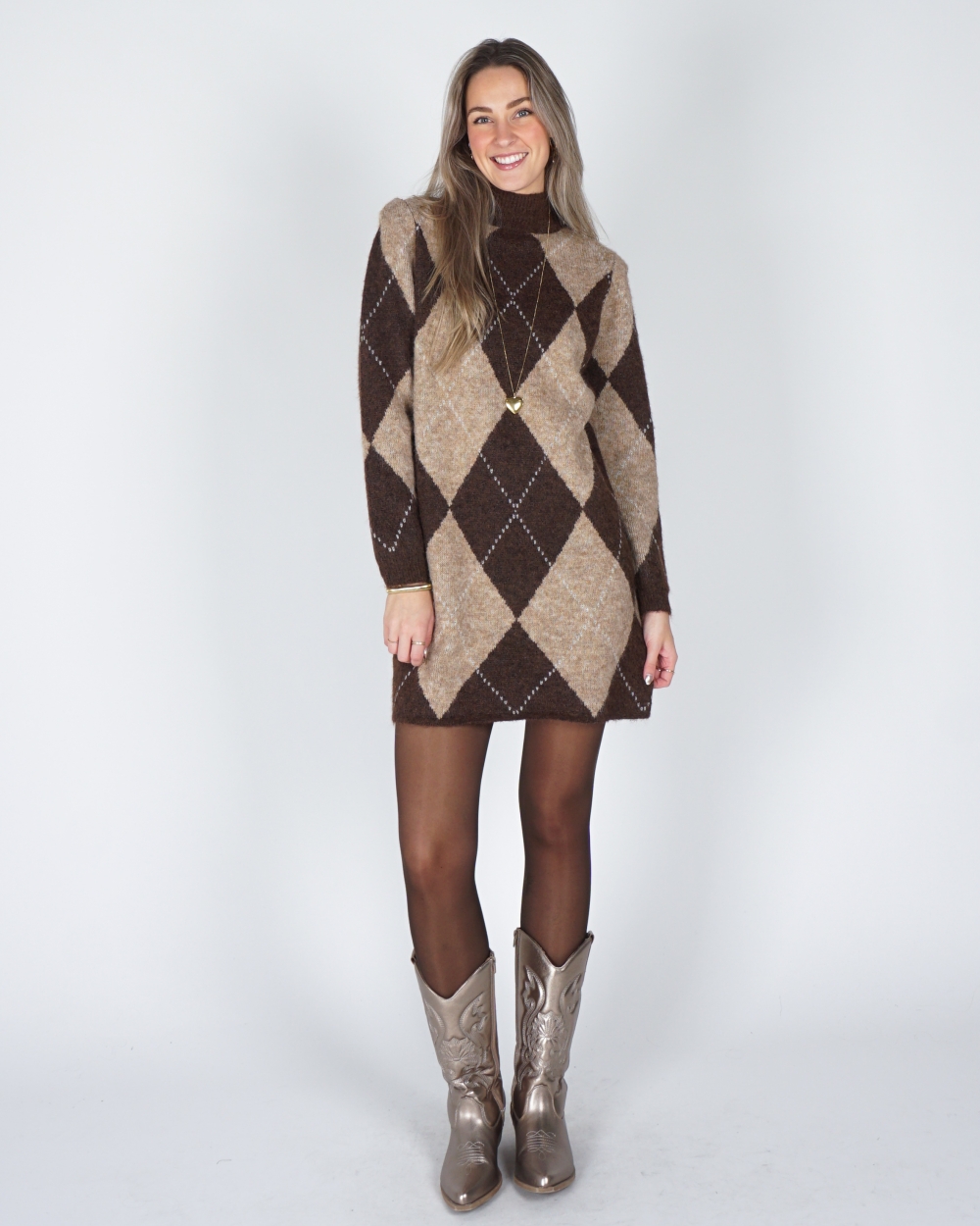 GEBREIDE JURK GERUIT CAMEL/BRUIN
