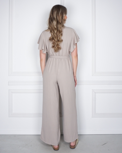 JUMPSUIT MET RUFFLE MOUW TAUPE